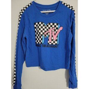 WOMEN'S MTV BLUE CHECKERED LONG SLEEVE CROP TOP SIZE MEDIUM - PERFECT CONDITION